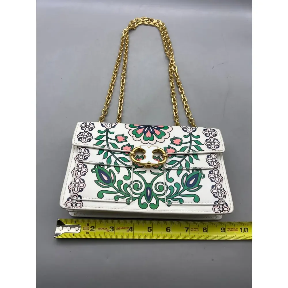 $625 Tory Burch White Garden Party Gemini Link Tri-Fold Leather Shoulder Bag